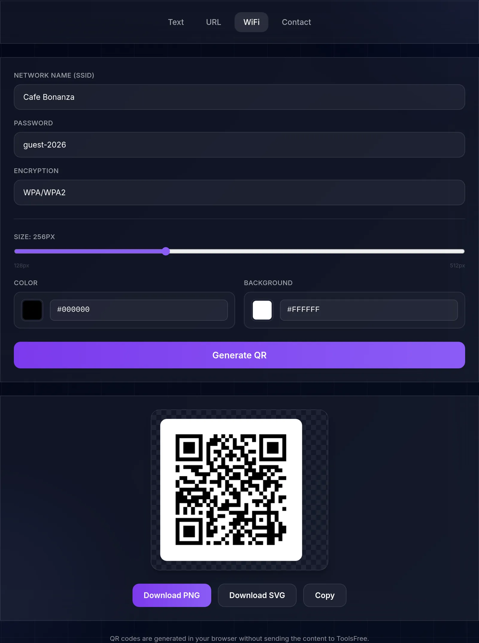 The QR generator on its WiFi tab, with the network name Cafe Bonanza, the password guest-2026, WPA/WPA2 encryption, a 256 pixel size slider, black on white colour fields, and the generated QR code below with Download PNG, Download SVG and Copy buttons.