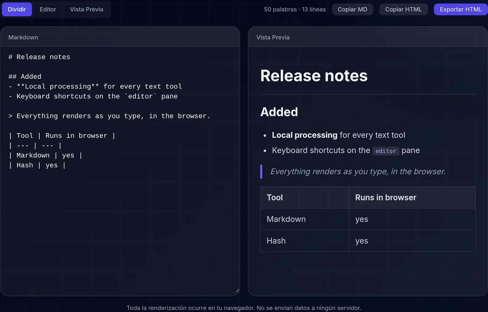 El editor de Markdown en vista dividida: a la izquierda el origen de una nota de versión breve y a la derecha su vista previa, con un encabezado, un elemento de lista en negrita, una cita y una tabla de dos columnas.